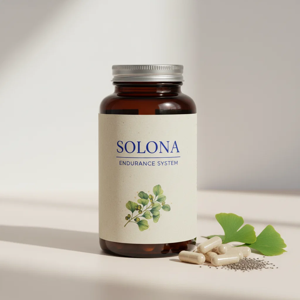 Solona Endurance System witte apothekerfles met doorzichtig etiket op lichte achtergrond